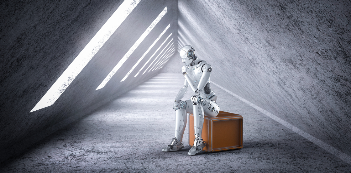 White and grey colored AI robot sitting down on a square bench